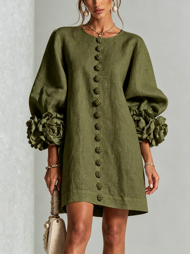Luna - Women's Button-Front Party Dress with Voluminous Floral Cuffs
