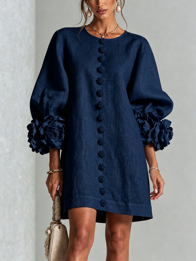 Luna - Women's Button-Front Party Dress with Voluminous Floral Cuffs