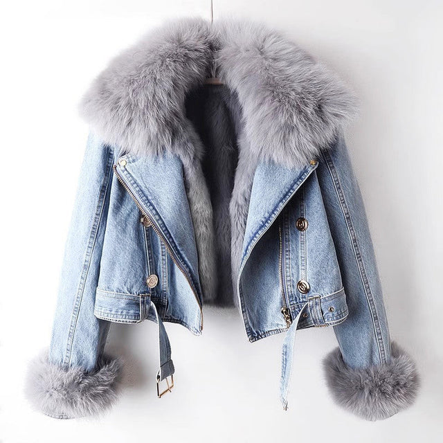 Luna - Women's Faux-Fur Collar Belted Cropped Denim Jacket