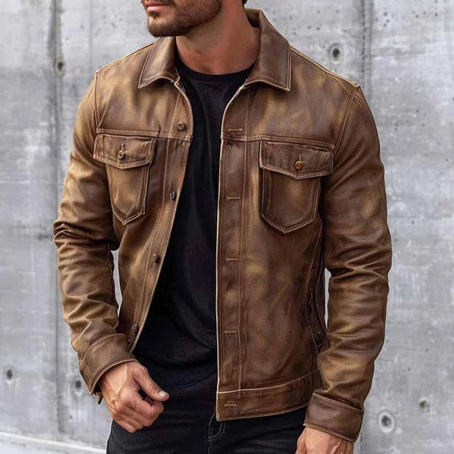 Marcus - Men's Distressed Leather Shirt Jacket with Chest Pockets