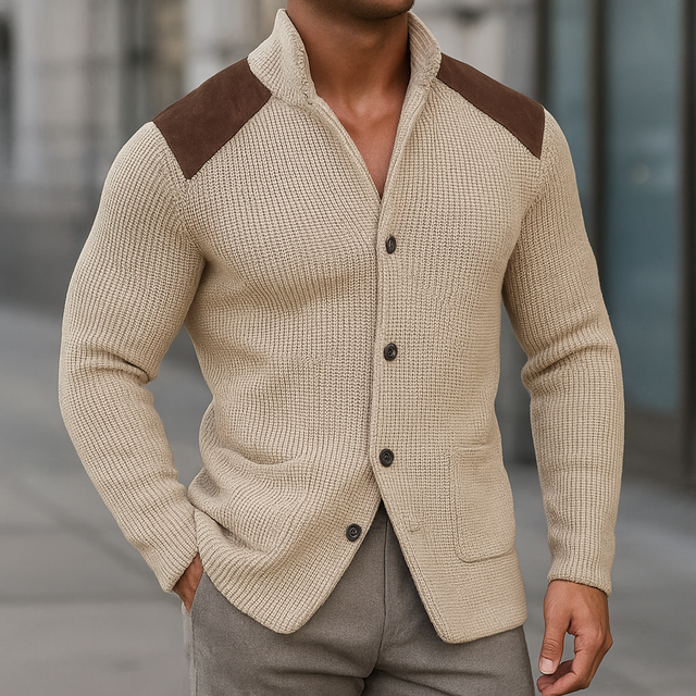 Samuel - Men's Ribbed Knit Cardigan with Suede Shoulder Patches