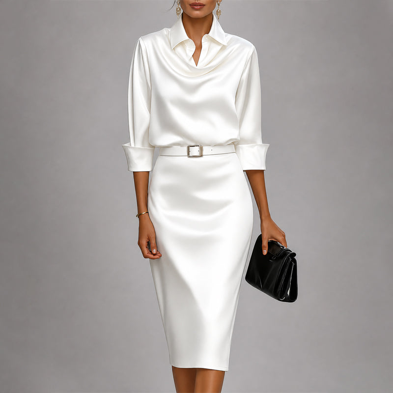 Shantal - Women's Draped Cowl Neck Satin Midi Dress