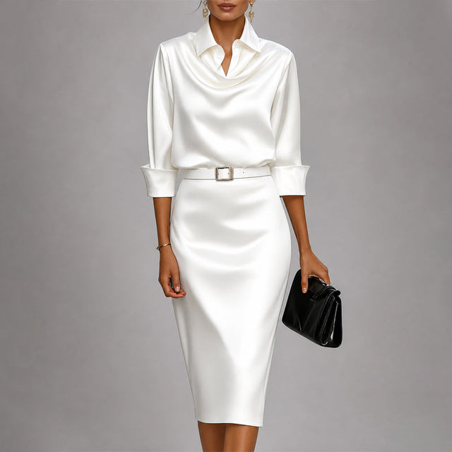 Shantal - Women's Draped Cowl Neck Satin Midi Dress
