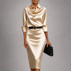 Shantal - Women's Draped Cowl Neck Satin Midi Dress