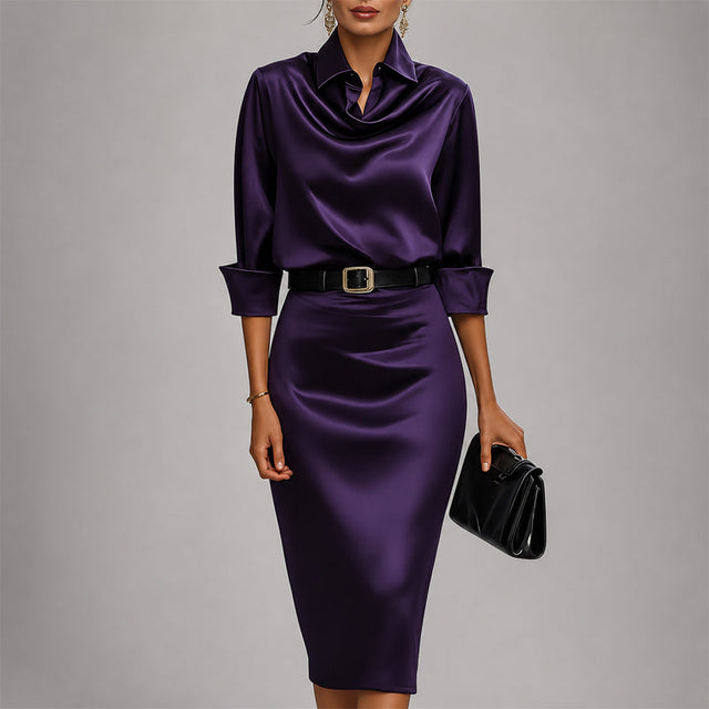 Shantal - Women's Draped Cowl Neck Satin Midi Dress