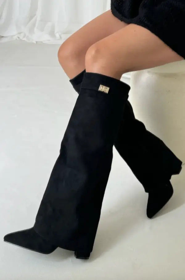 Tatiana - Women's Suede Knee-High Boots with Buckle Strap