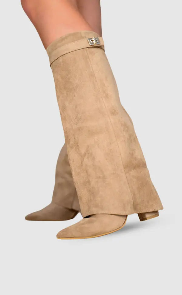 Tatiana - Women's Suede Knee-High Boots with Buckle Strap