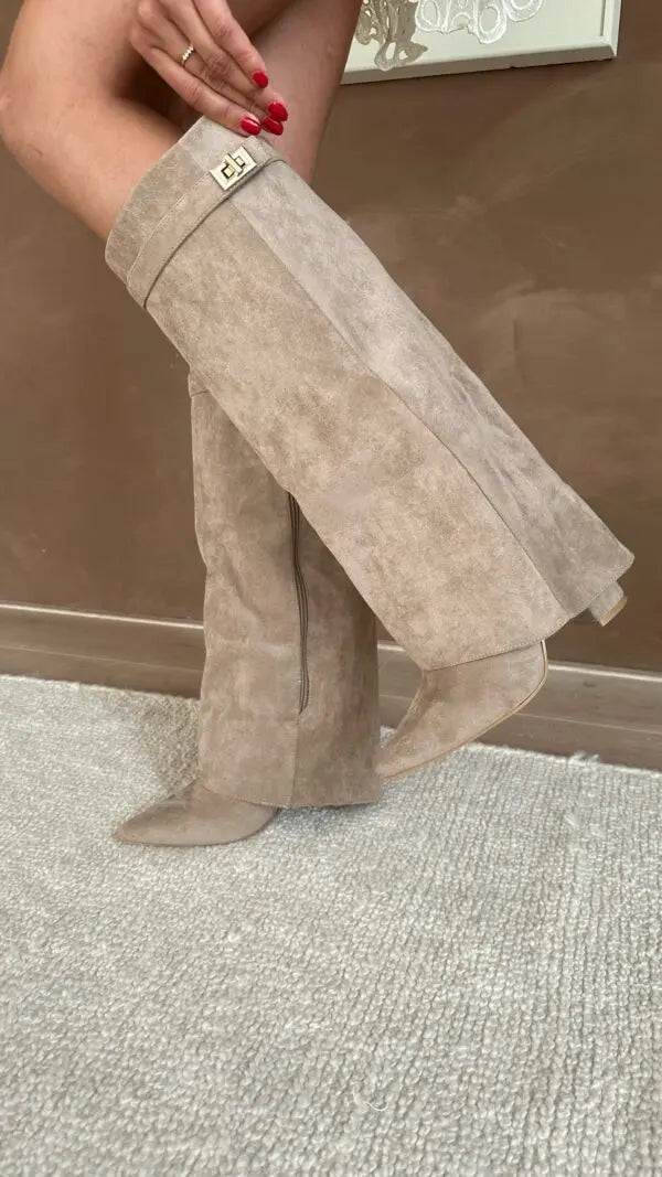 Tatiana - Women's Suede Knee-High Boots with Buckle Strap