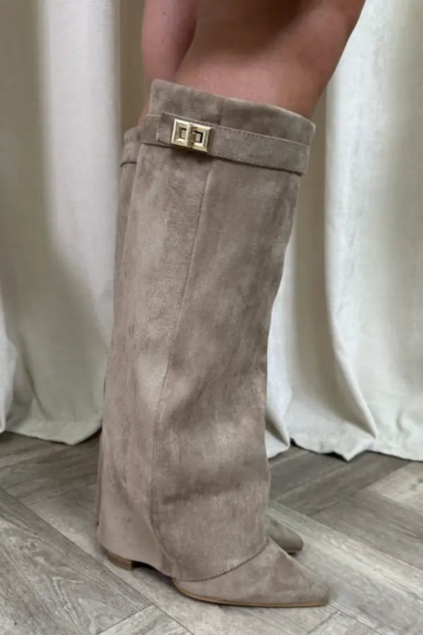 Tatiana - Women's Suede Knee-High Boots with Buckle Strap