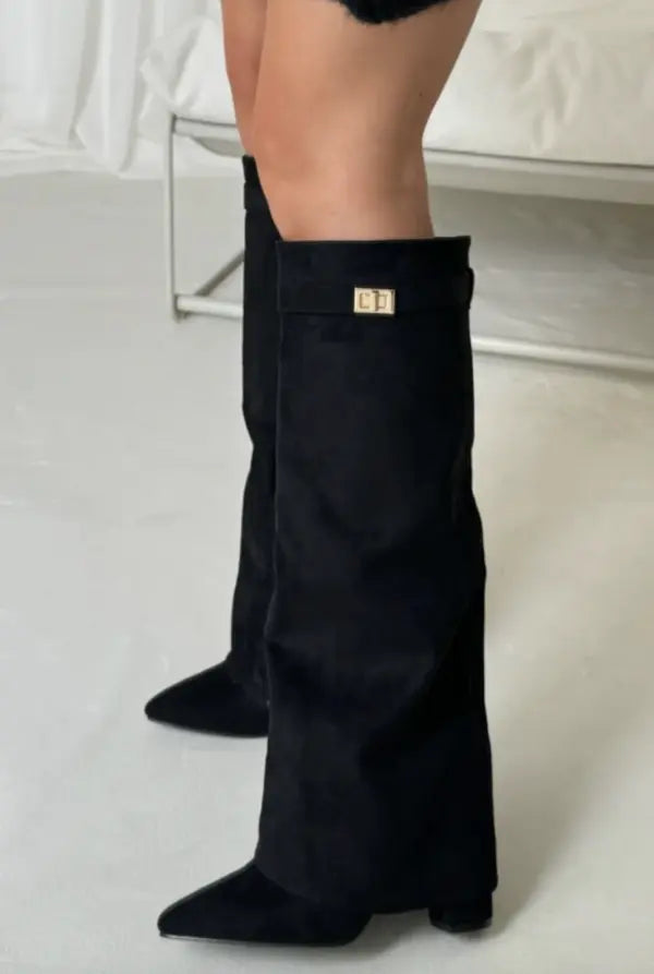 Tatiana - Women's Suede Knee-High Boots with Buckle Strap