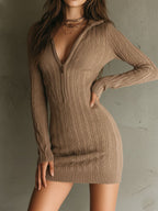 Valerie - Women's Cable Knit Zip V-Neck Mini Sweater Dress