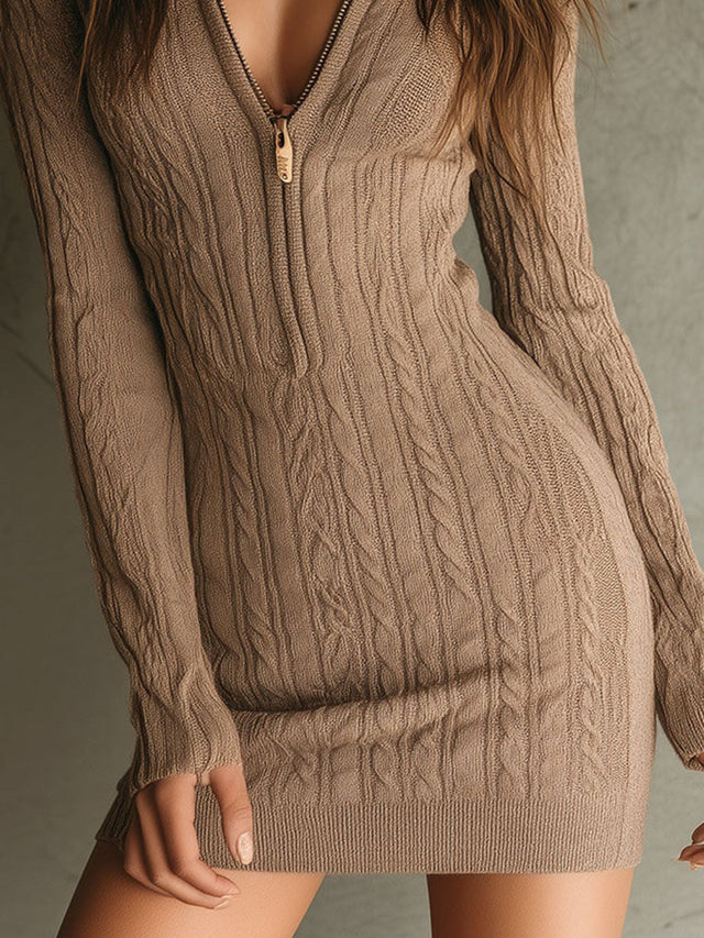 Valerie - Women's Cable Knit Zip V-Neck Mini Sweater Dress