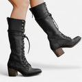 Violet - Women's Lace-Up Knee-High Boots with Block Heel