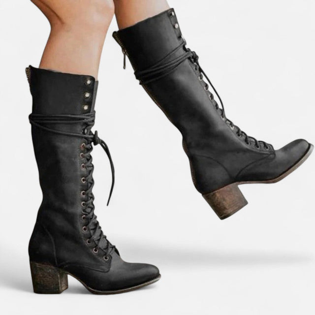 Violet - Women's Lace-Up Knee-High Boots with Block Heel