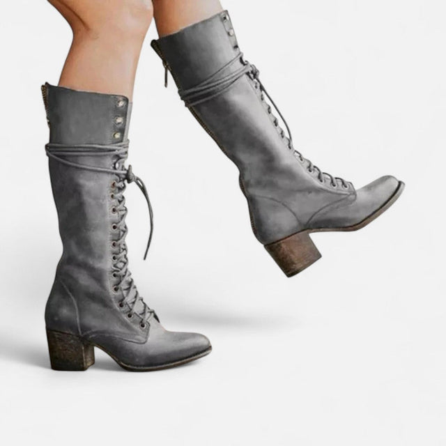 Violet - Women's Lace-Up Knee-High Boots with Block Heel