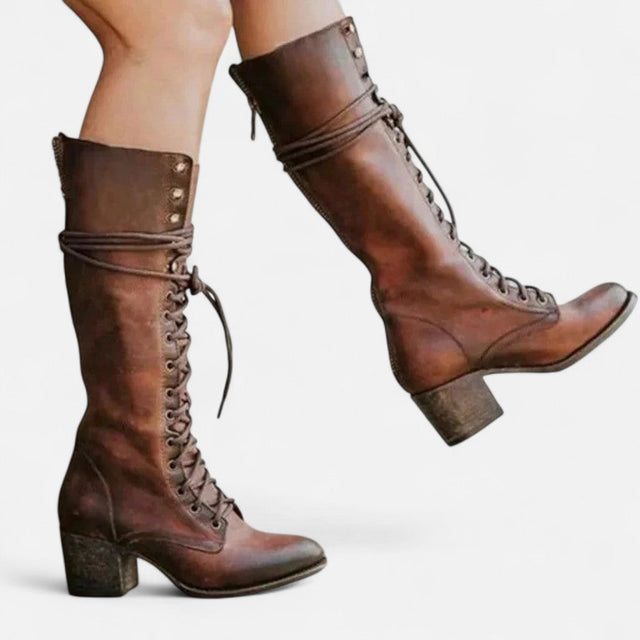 Violet - Women's Lace-Up Knee-High Boots with Block Heel