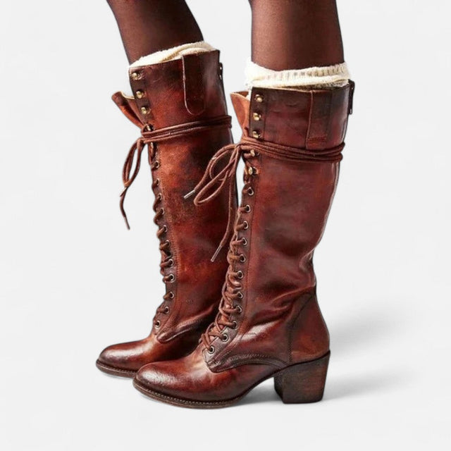 Violet - Women's Lace-Up Knee-High Boots with Block Heel
