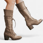 Violet - Women's Lace-Up Knee-High Boots with Block Heel